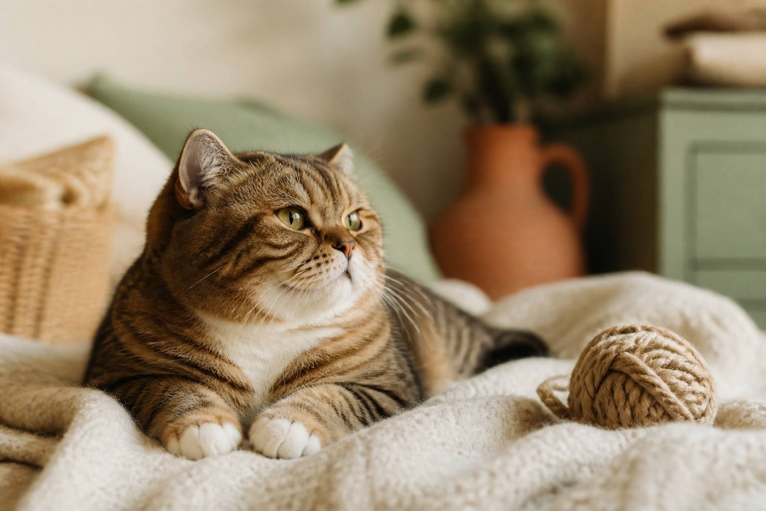 Chat aux pattes courtes couché sur un plaid crème