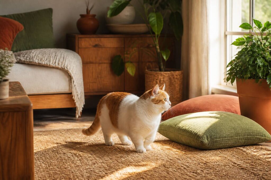 Chat aux pattes courtes debout dans un salon lumineux