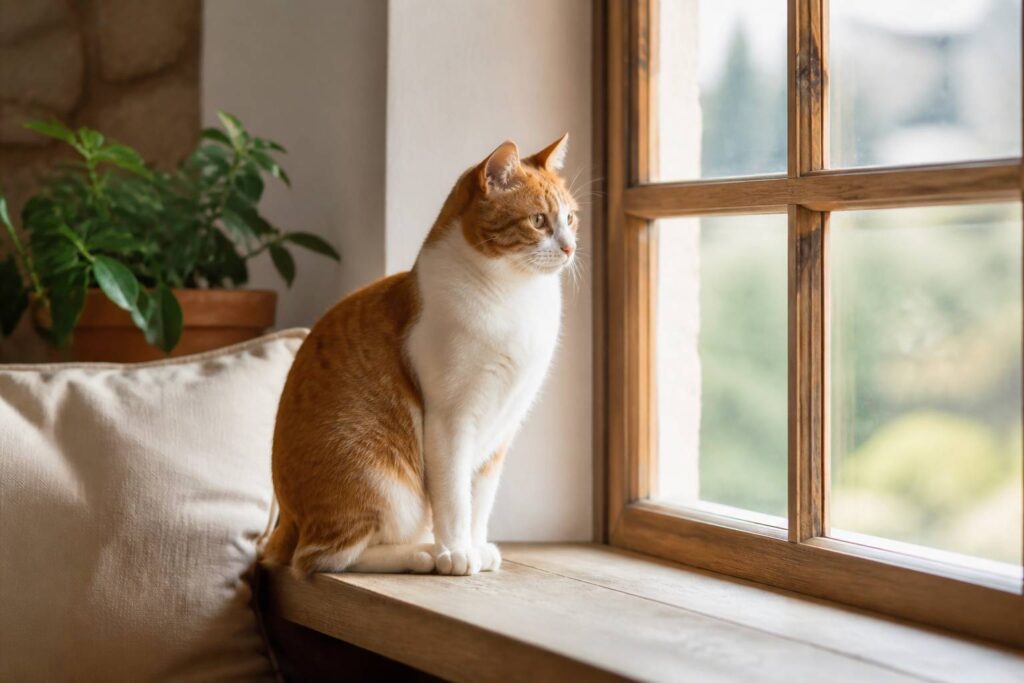 Chat européen à poil court roux et blanc assis sur un rebord de fenêtre en bois