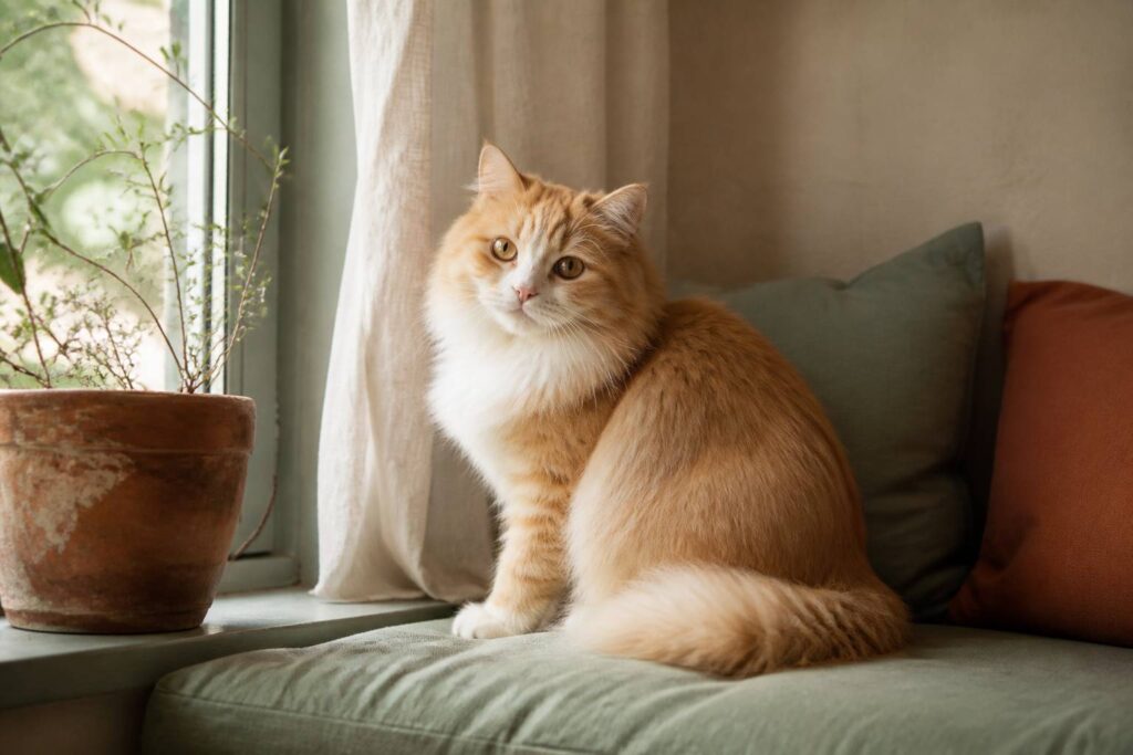 Chat rare au pelage roux et crème assis près d'une fenêtre