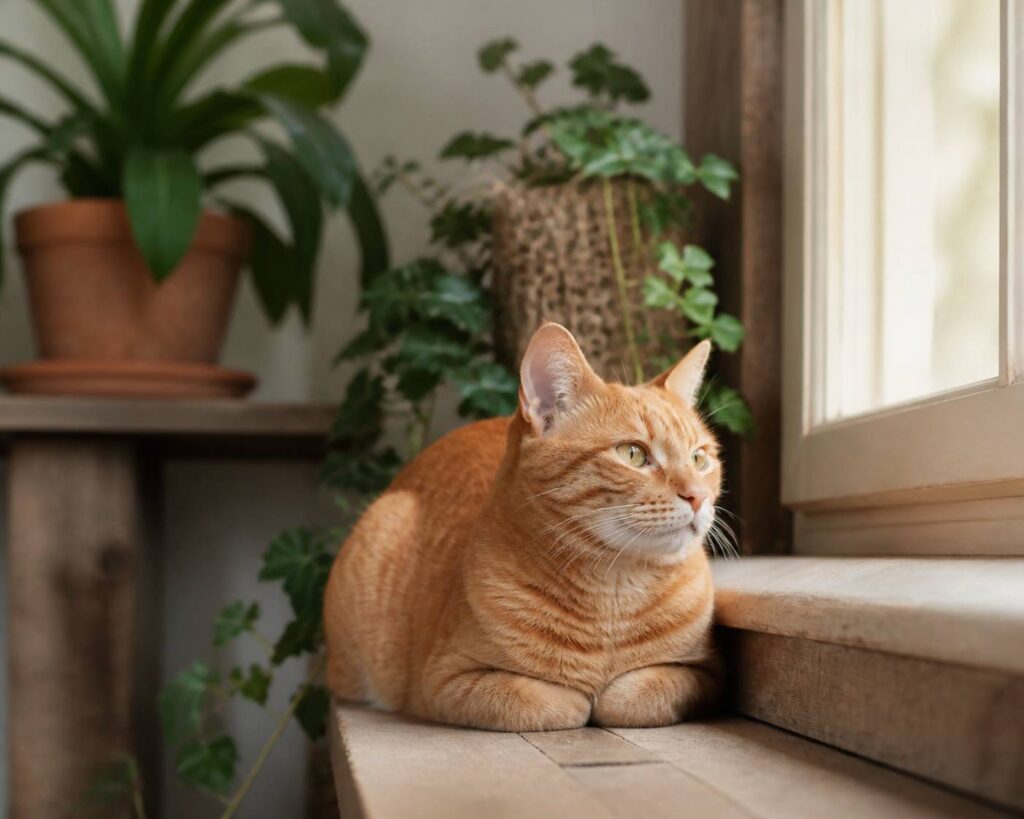 Chat roux tigré au pelage orangé posé sur un rebord dans une lumière naturelle