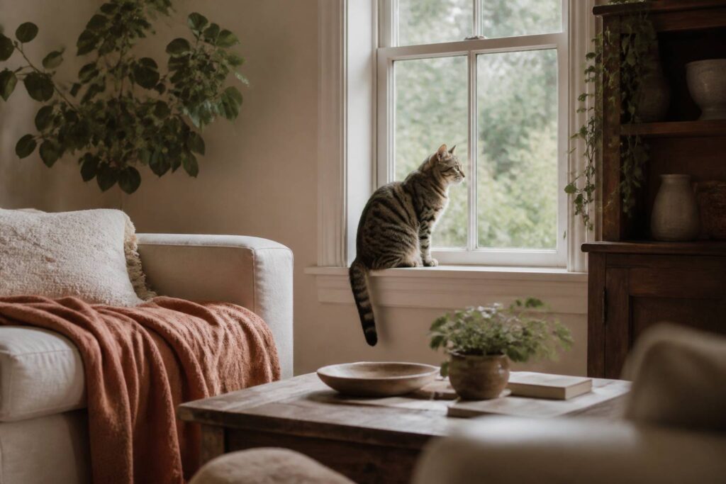 Chat tigré perché sur le rebord d'une fenêtre dans un salon chaleureux