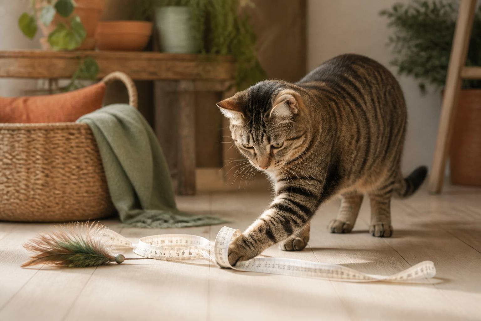Grand chat tigré posant sa patte sur un mètre ruban sur un plancher en bois