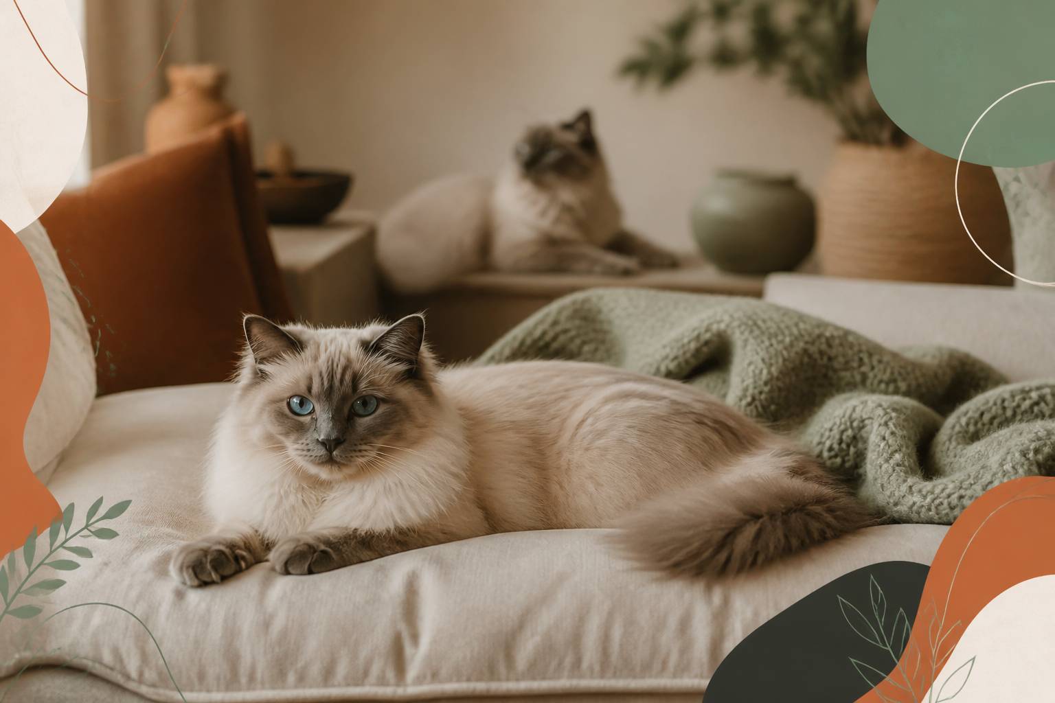 Chat aux yeux bleus au pelage soyeux allongé sur un coussin crème
