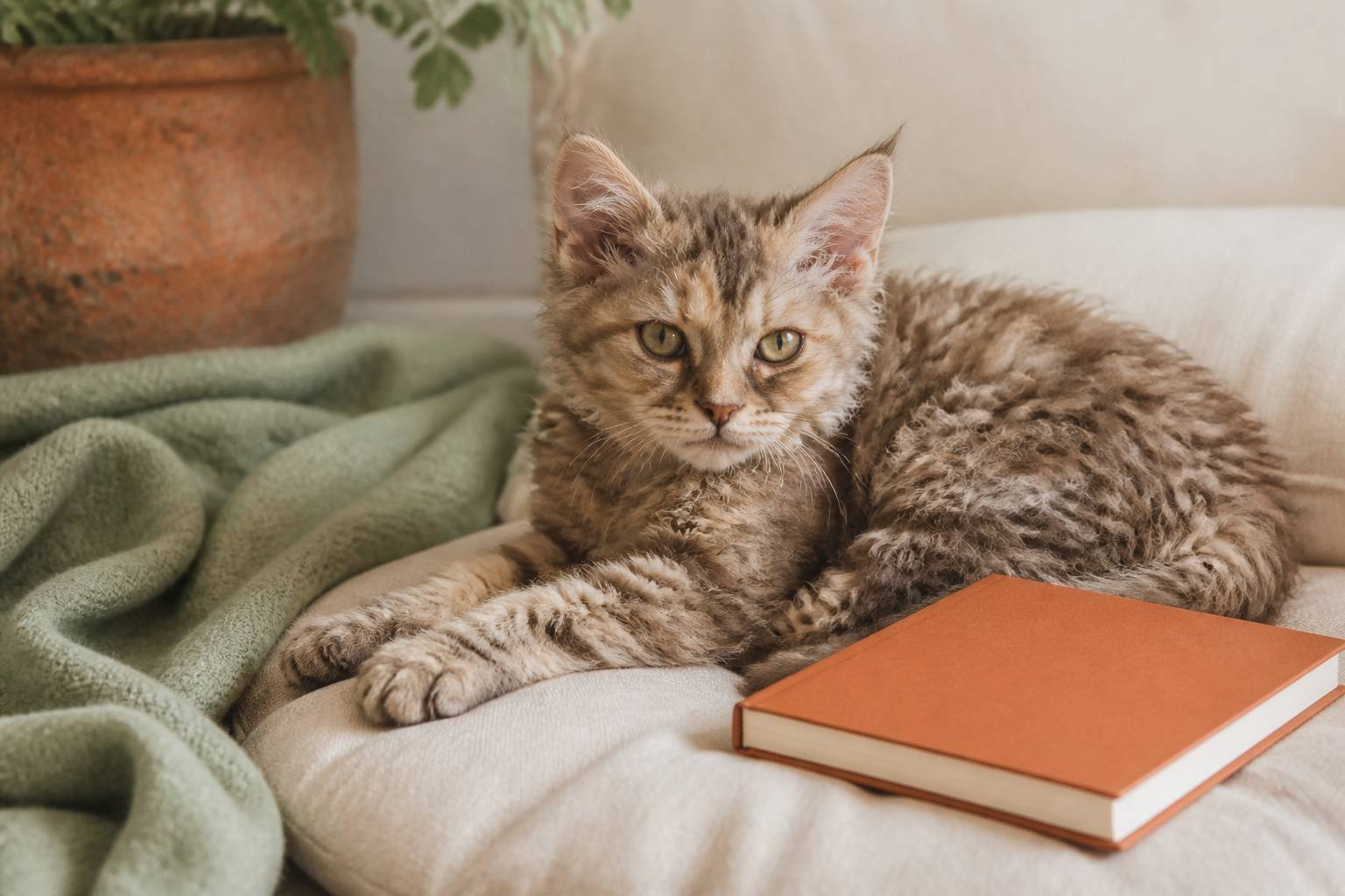 Chaton au pelage bouclé sur un coussin avec un carnet de pedigree