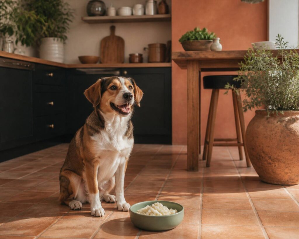 Chien observant une gamelle avec des morceaux de chou-fleur