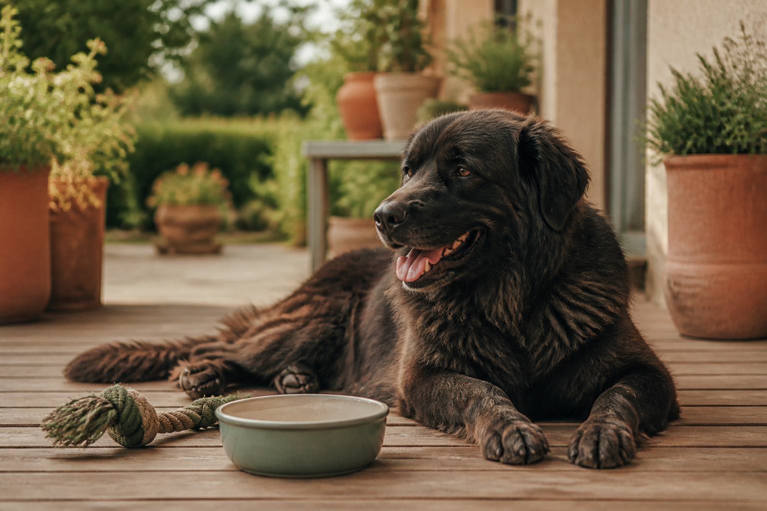 Grand chien couché sur une terrasse en bois près de sa gamelle