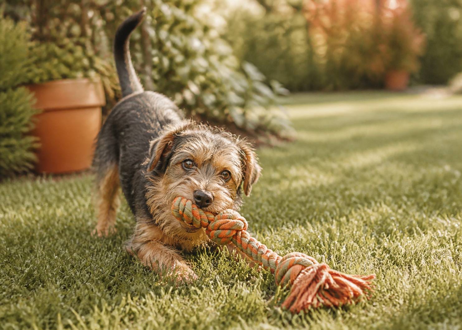 Petit chien jouant avec un jouet en corde