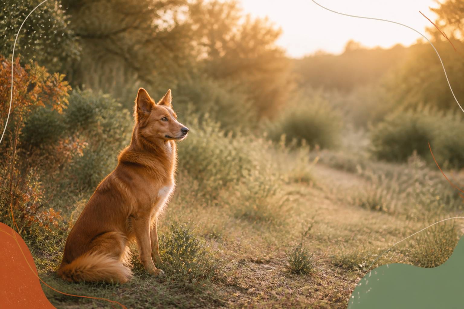 Chien roux à la queue fournie évoquant un renard dans une clairière
