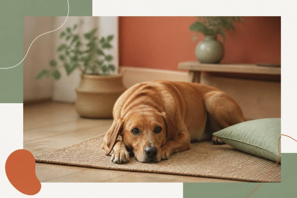 Chien de taille moyenne au pelage fauve couché sur un tapis