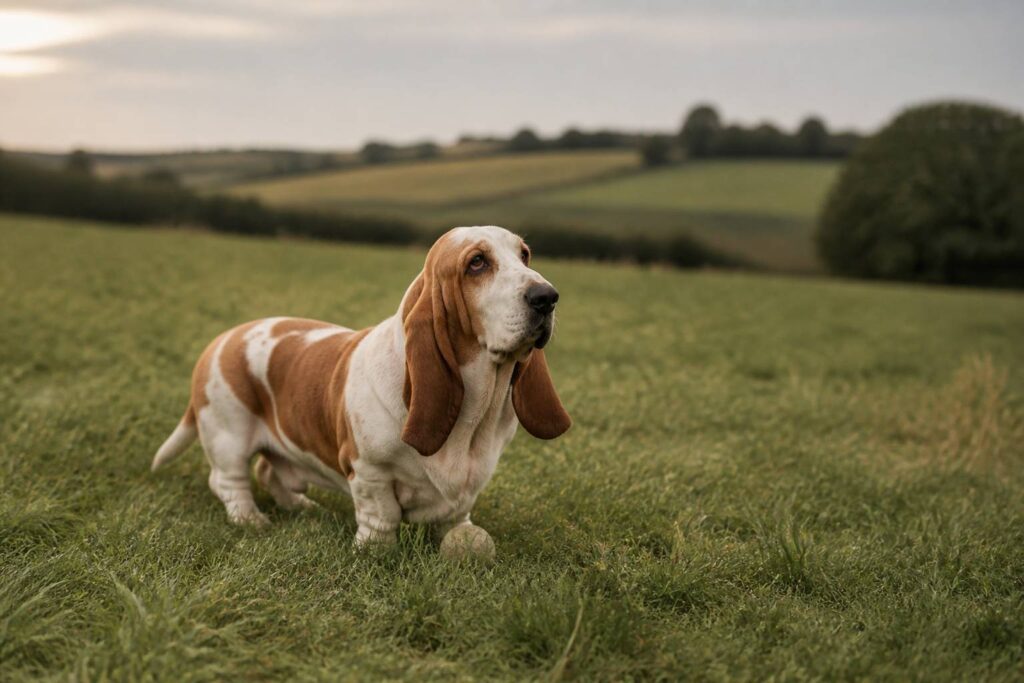 Basset hound aux longues oreilles tombantes debout dans une prairie