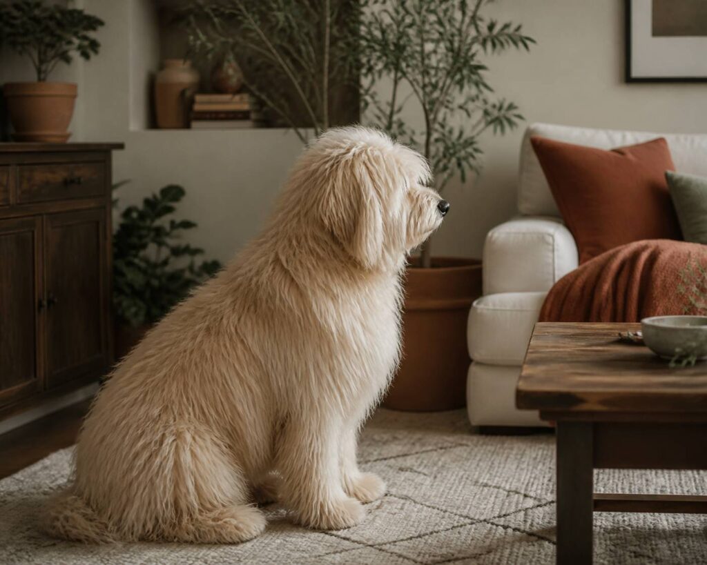 Chien à poil dense ressemblant à une peluche dans un salon