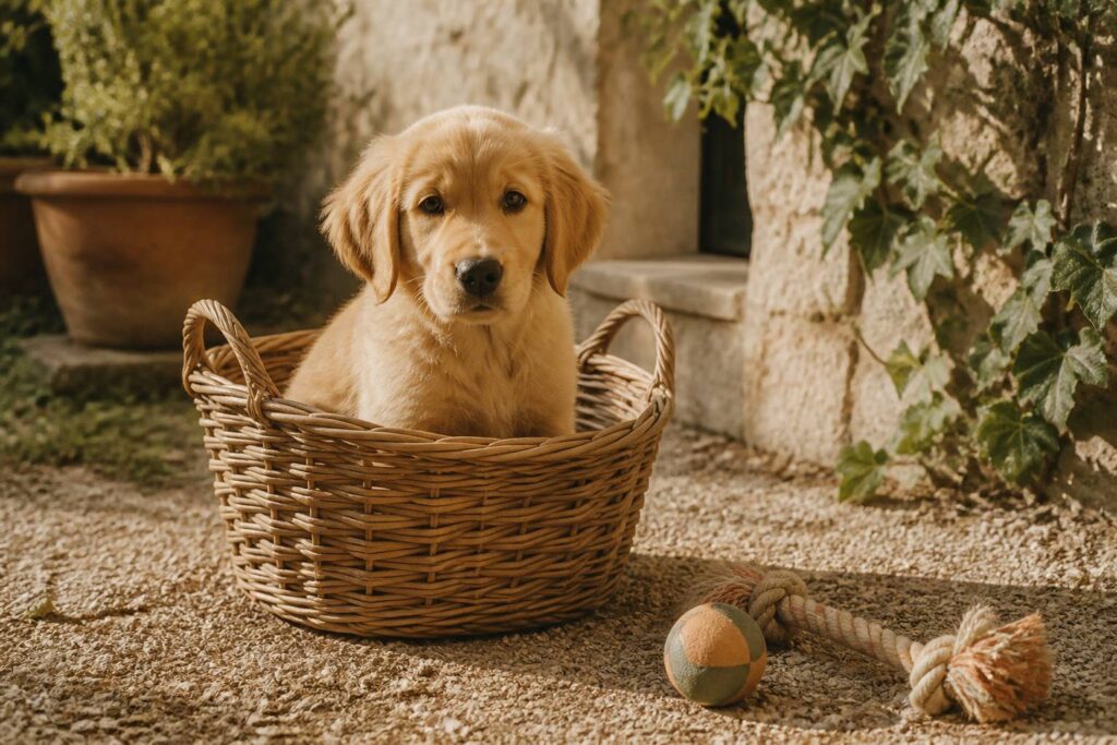 Chiot doré dans un panier dans un jardin