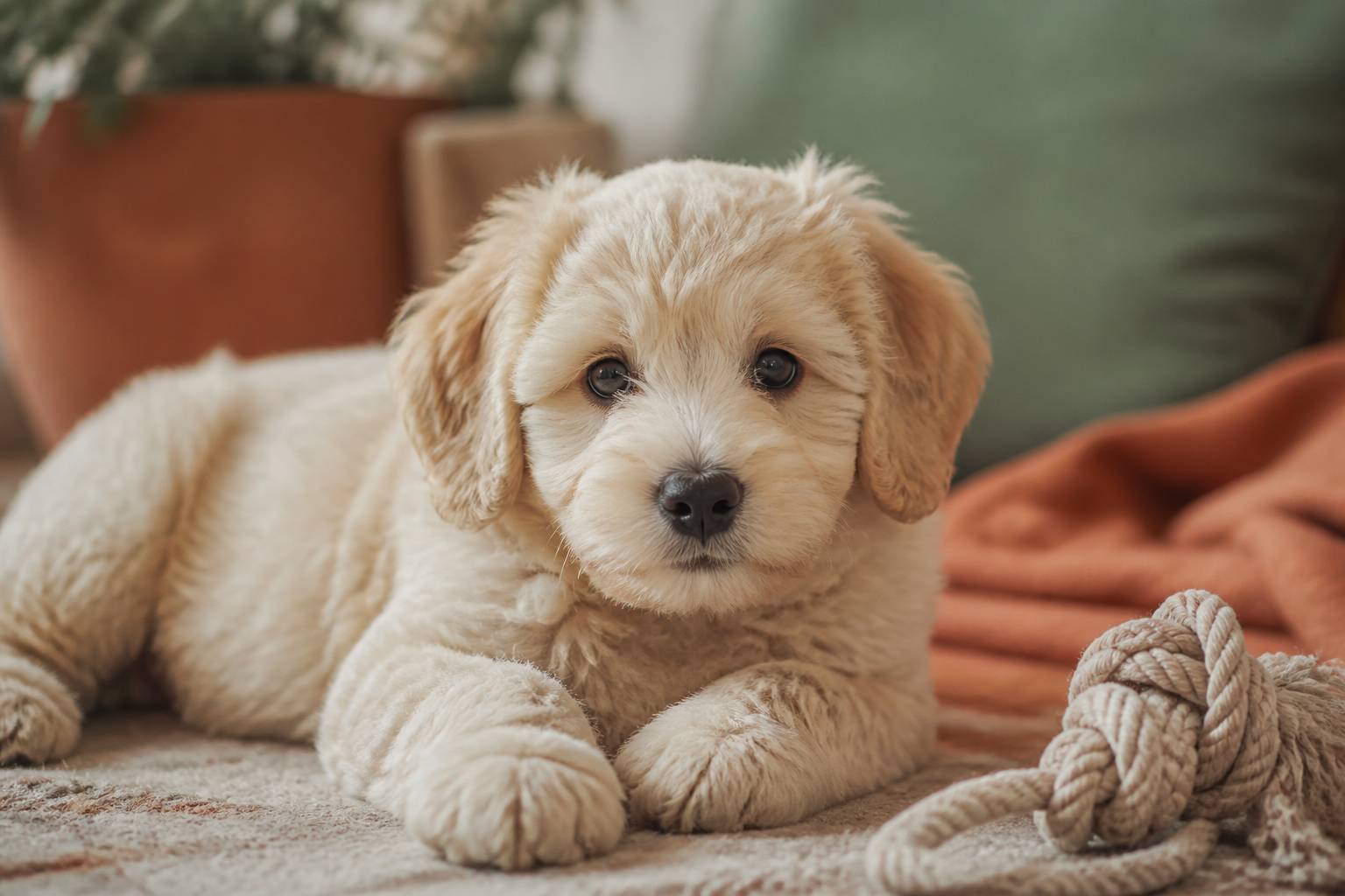 Chiot à la fourrure arrondie avec jouet en corde