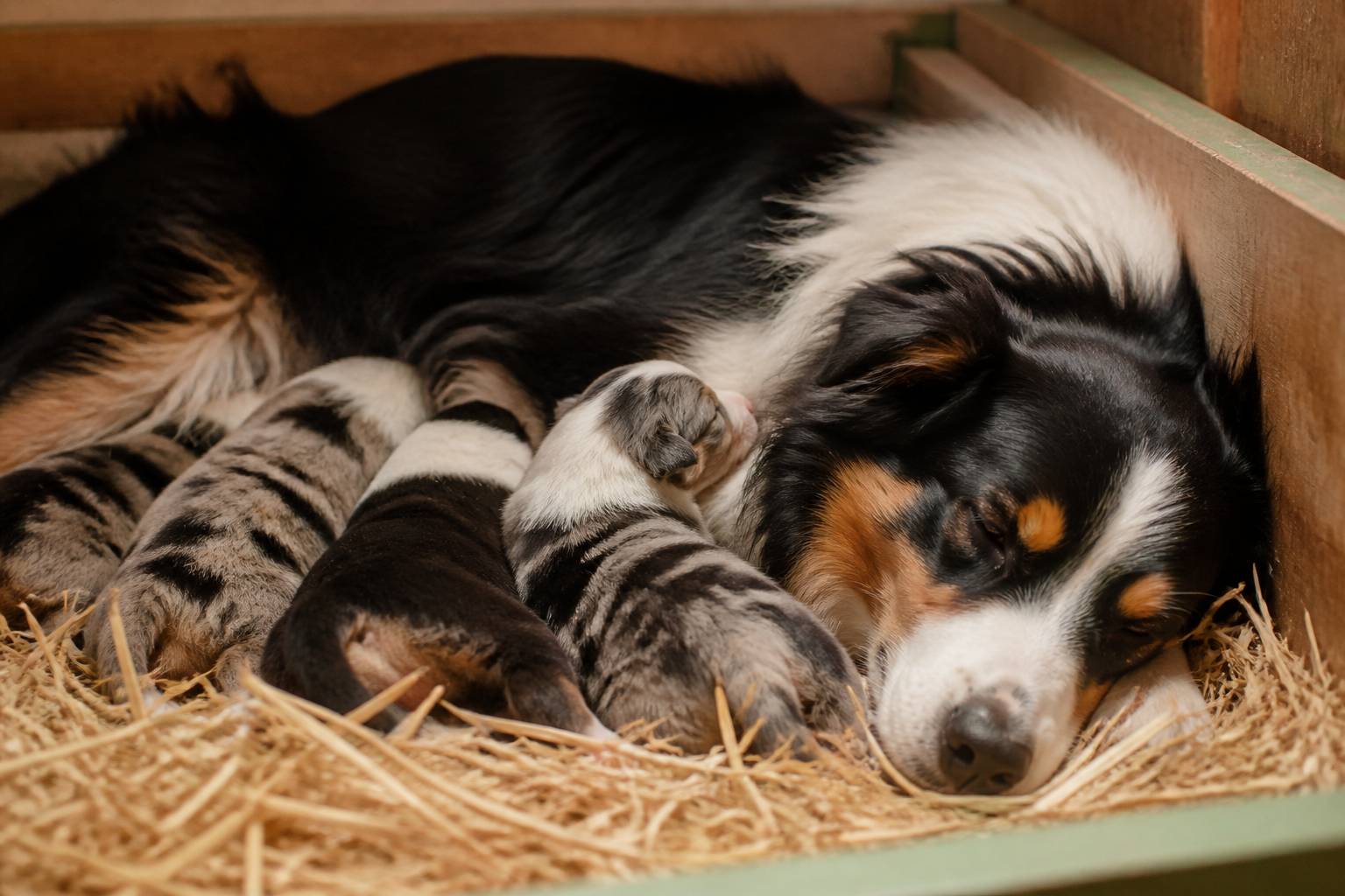 Chiots blottis contre leur mère dans de la paille