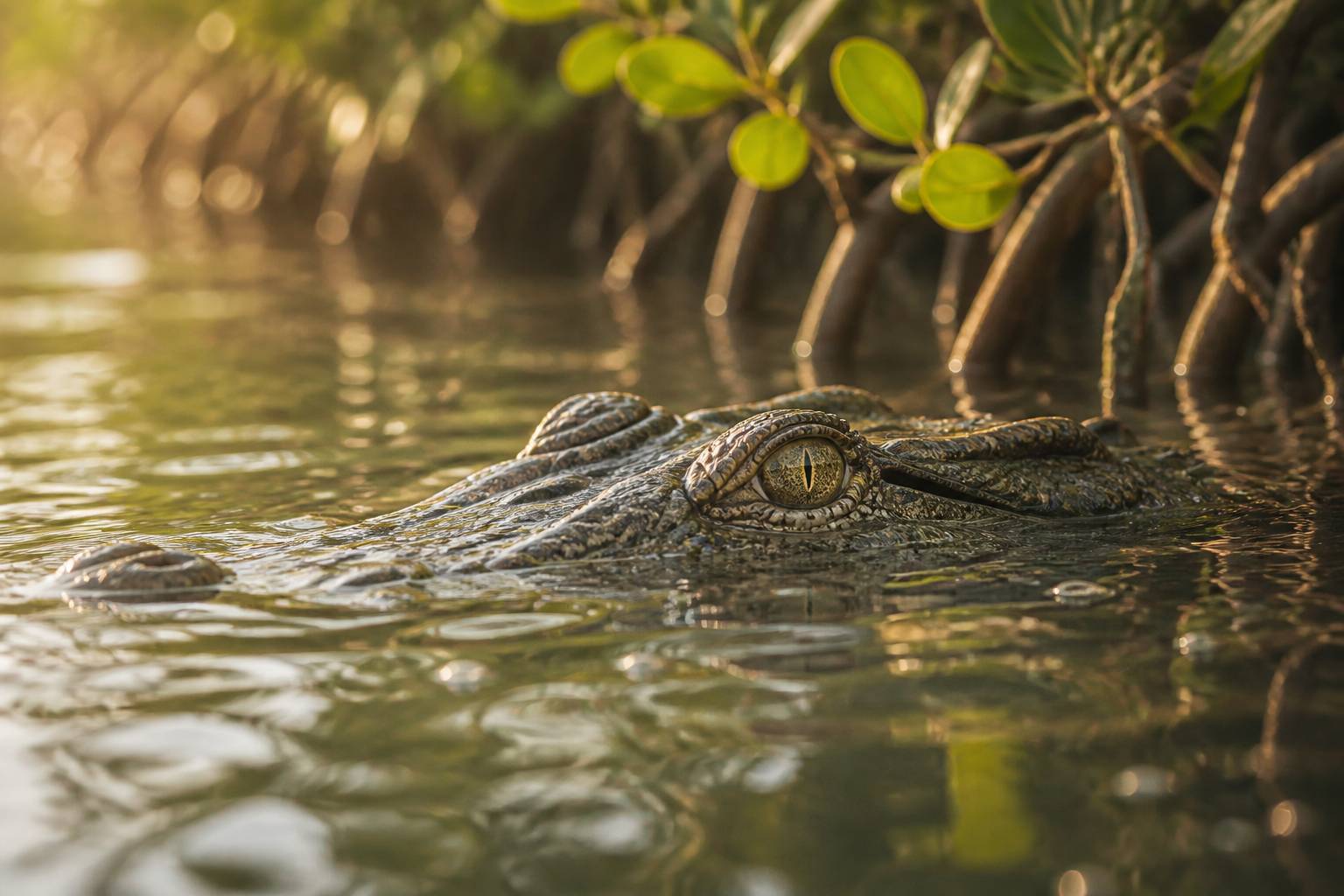 Tête de crocodile marin émergeant de l'eau d'un estuaire
