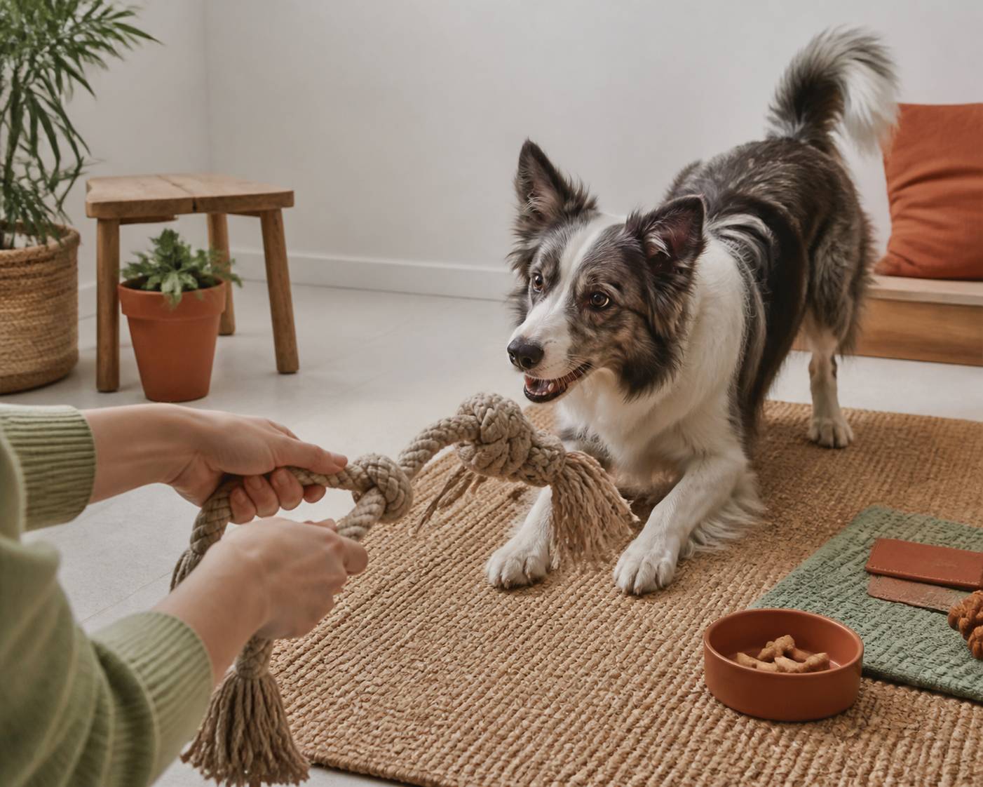 Mains tenant un jouet devant un border collie attentif