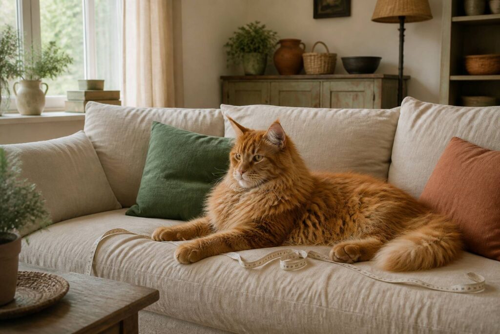 Très grand chat Maine Coon roux allongé sur un canapé en lin avec un mètre ruban