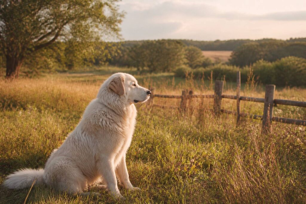Grand chien au pelage clair assis dans l'herbe d'un pré