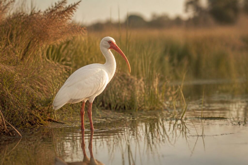 Ibis blanc debout au bord d'une mare peu profonde entourée de roseaux