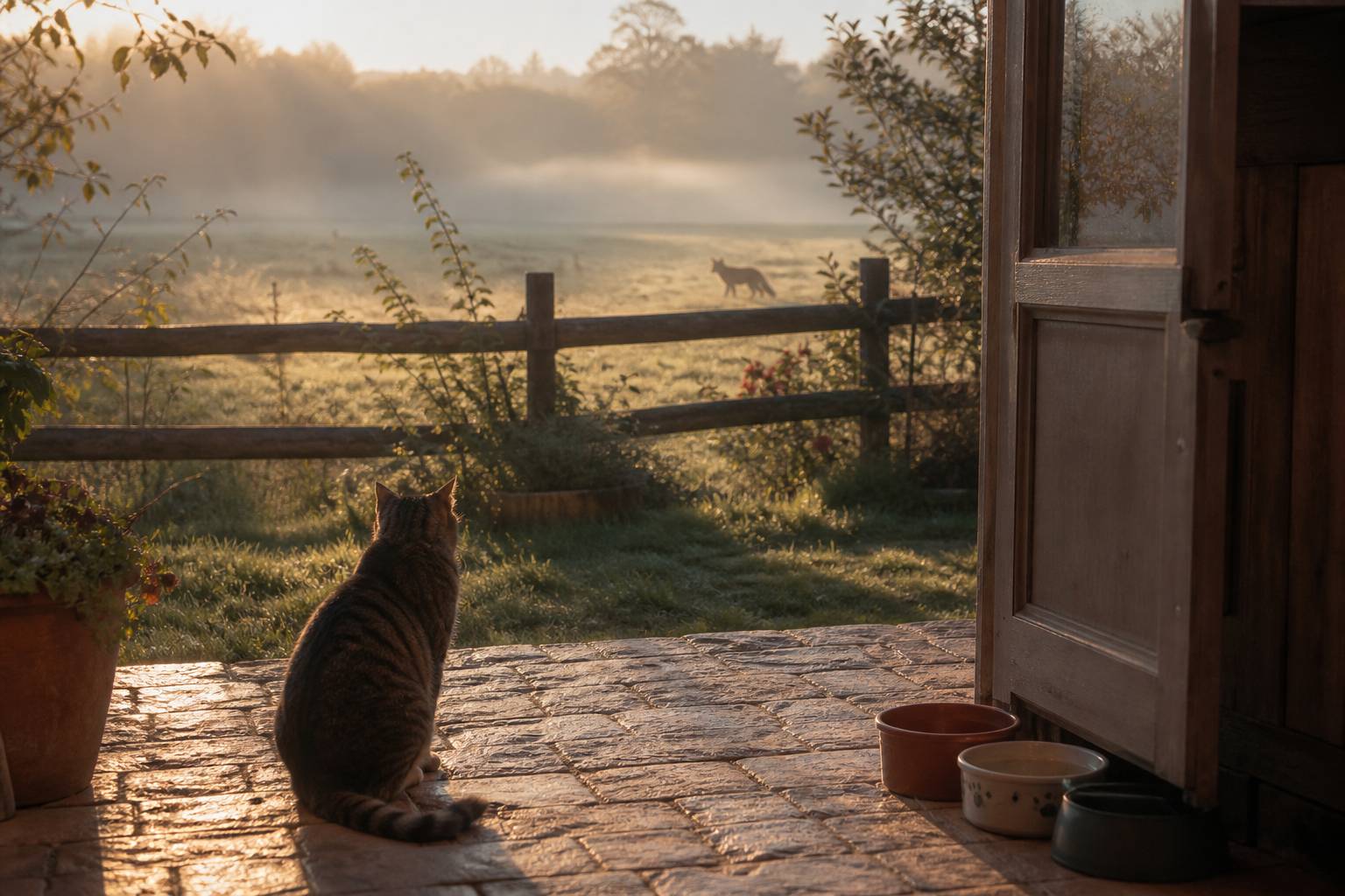 Jardin au petit matin avec clôture et chat sur la terrasse, renard au loin