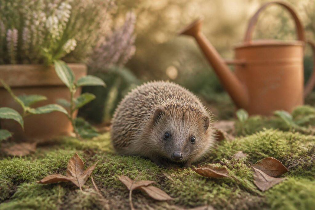 Jeune hérisson dans un jardin naturel posé sur de la mousse et des feuilles