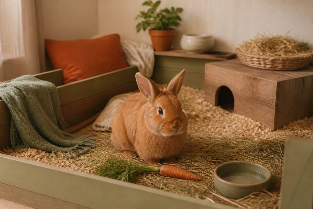 Lapin roux dans un enclos confortable avec foin et carotte en lumière douce