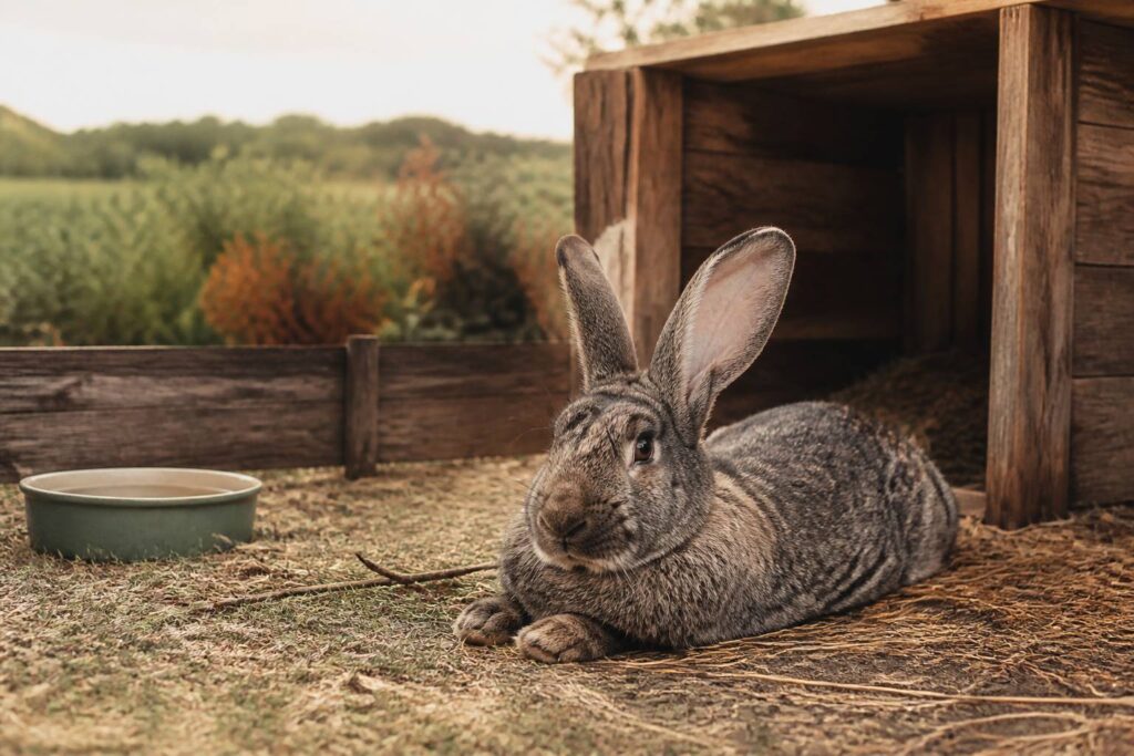 Très grand lapin gris-brun au pelage dense dans un enclos avec du foin