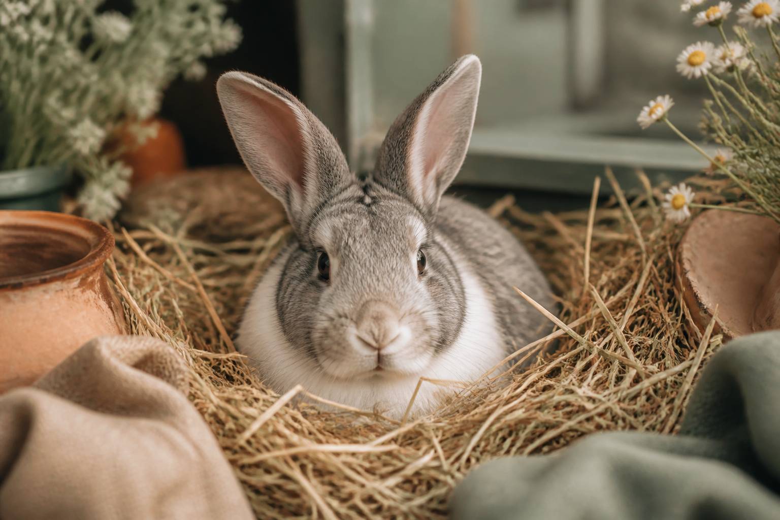 Lapin gris et blanc aux longues oreilles dans du foin au regard doux