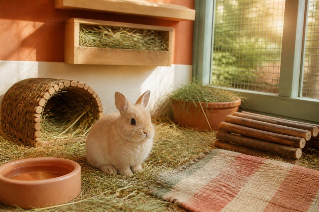 Lapin nain beige assis dans un enclos propre avec du foin