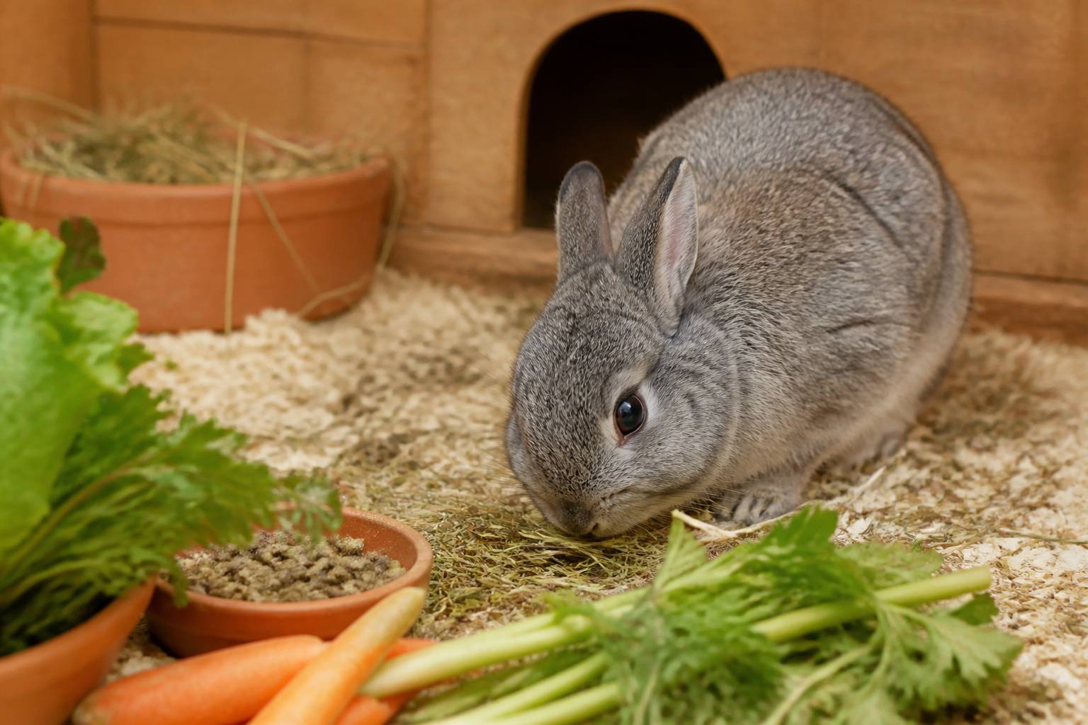 Lapin nain gris mangeant du foin avec bol de granulés