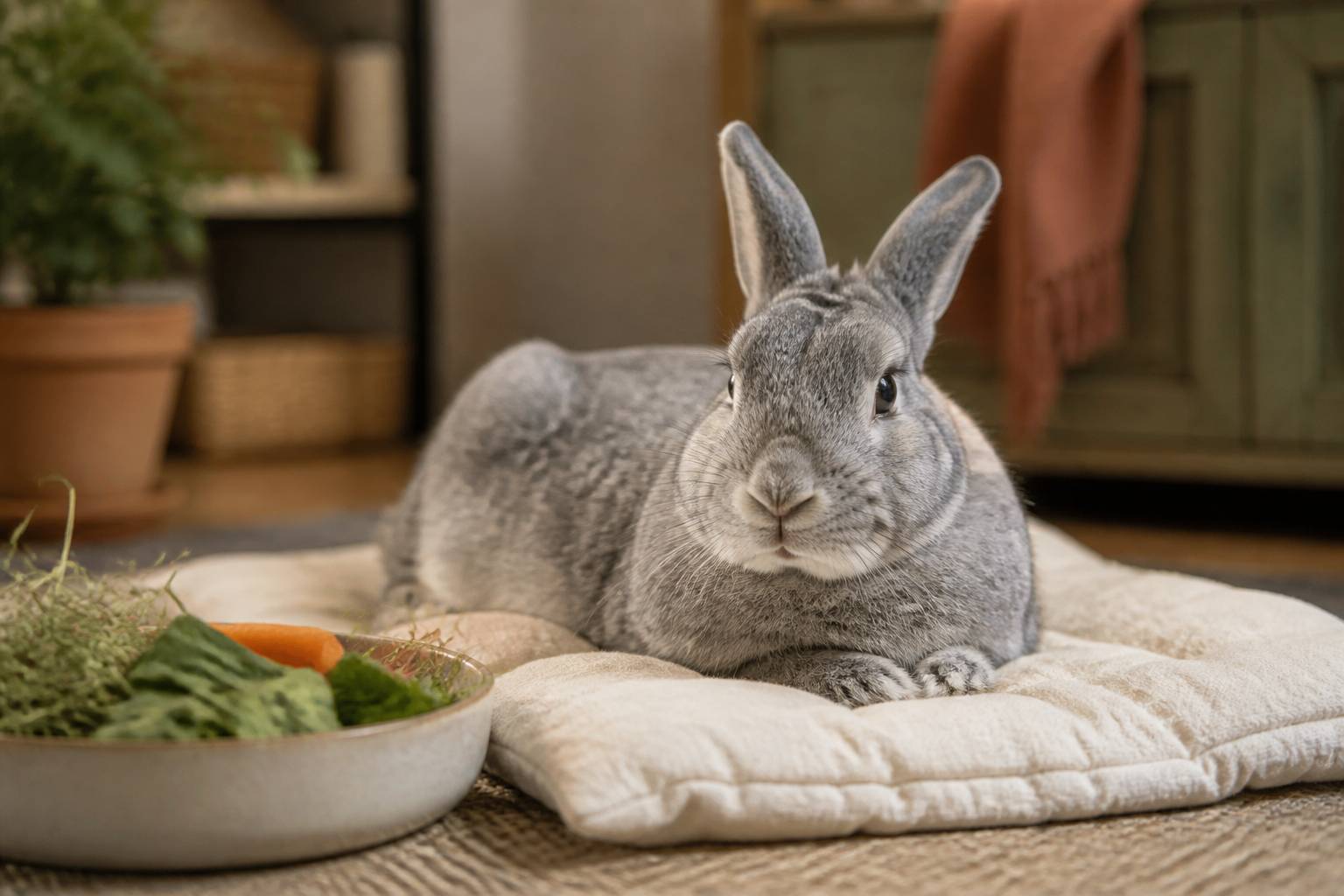 Lapin senior au pelage grisonnant sur un coussin avec foin et légumes