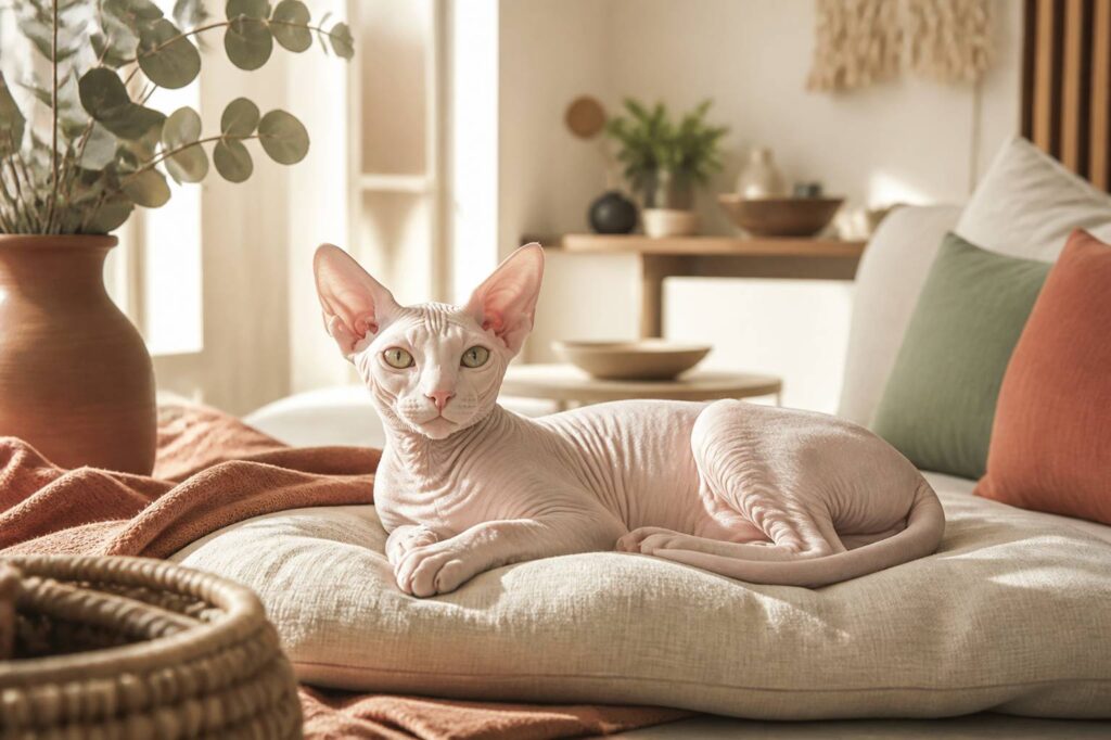Chat Peterbald à la peau rose pâle allongé sur un coussin en lin