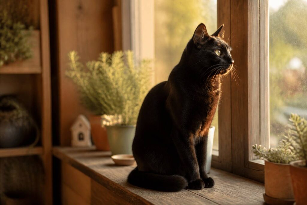 Chat noir au pelage brillant assis sur un rebord de fenêtre