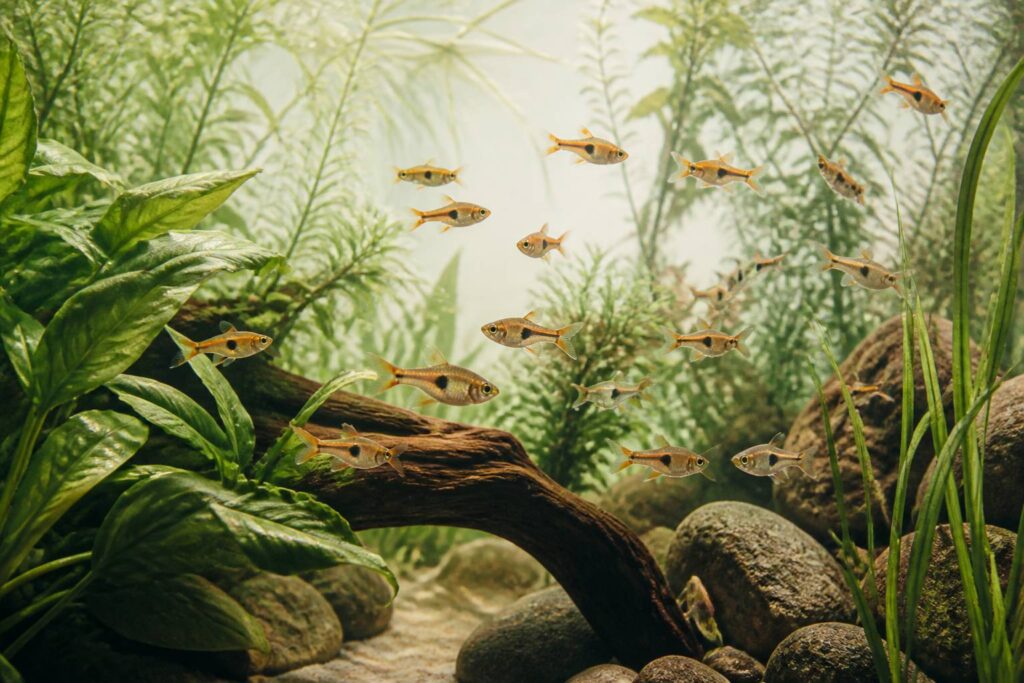 Banc de rasboras nageant entre des plantes dans un aquarium