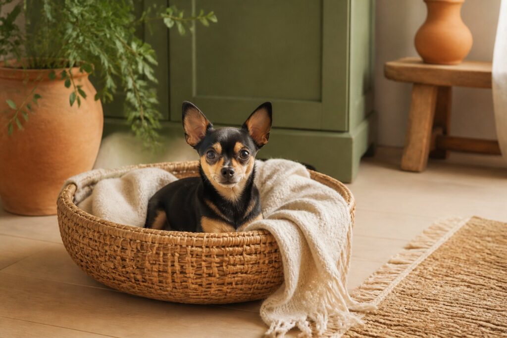 Petit chien russkiy toy assis dans un panier en osier dans un intérieur chaleureux