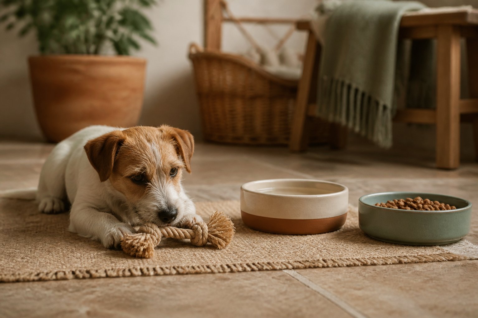 Petit chien toy jouant avec un jouet en corde sur un tapis en lin
