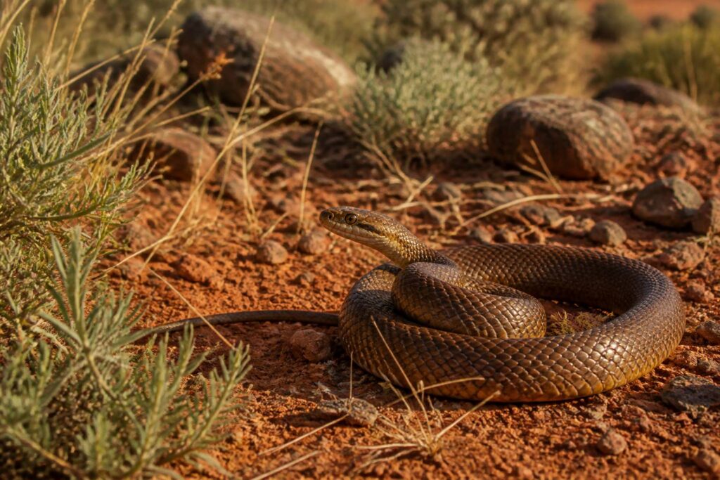 Serpent brun enroulé sur la terre rouge australienne parmi des herbes sèches
