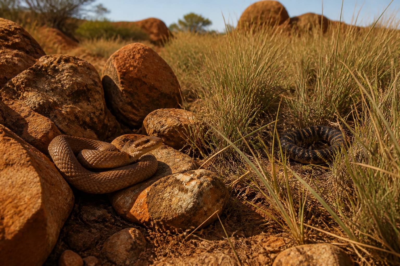 Deux serpents venimeux dans leurs habitats naturels australiens sous une lumière chaude