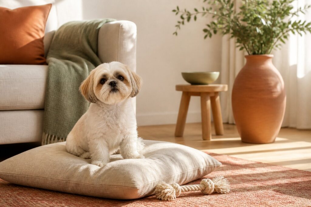 Petit chien shih tzu au pelage blanc et beige assis sur un coussin en lin