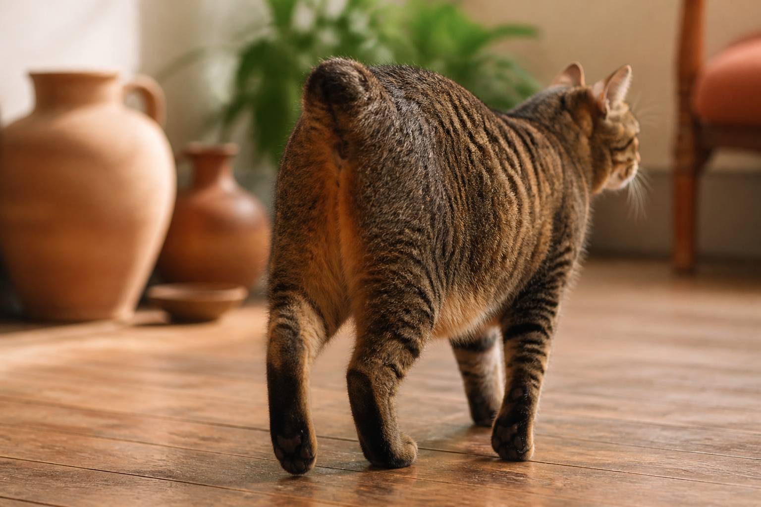 Arrière-train d'un chat Manx sans queue marchant sur un plancher en bois