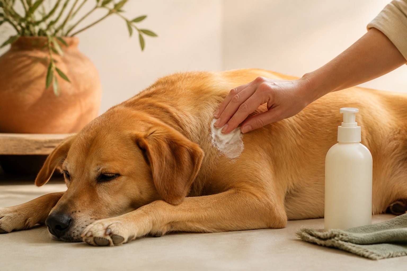 Application douce d'un soin sur le pelage d'un chien lors d'un examen attentif