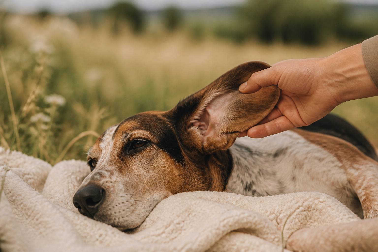 Main caressant doucement l'oreille tombante d'un chien pour l'inspection