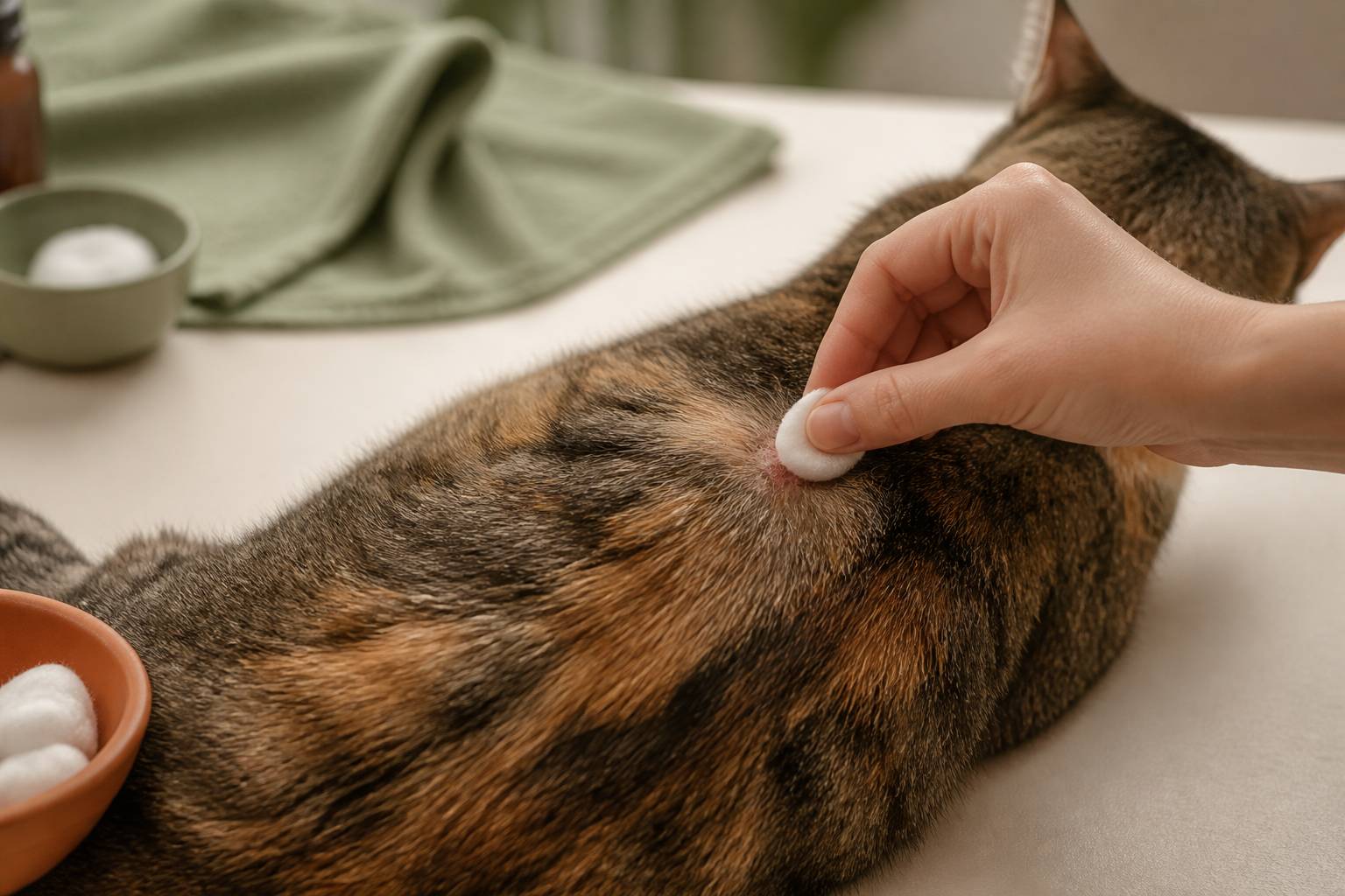 Gros plan sur le pelage d'un chat avec une main anonyme appliquant un soin au coton