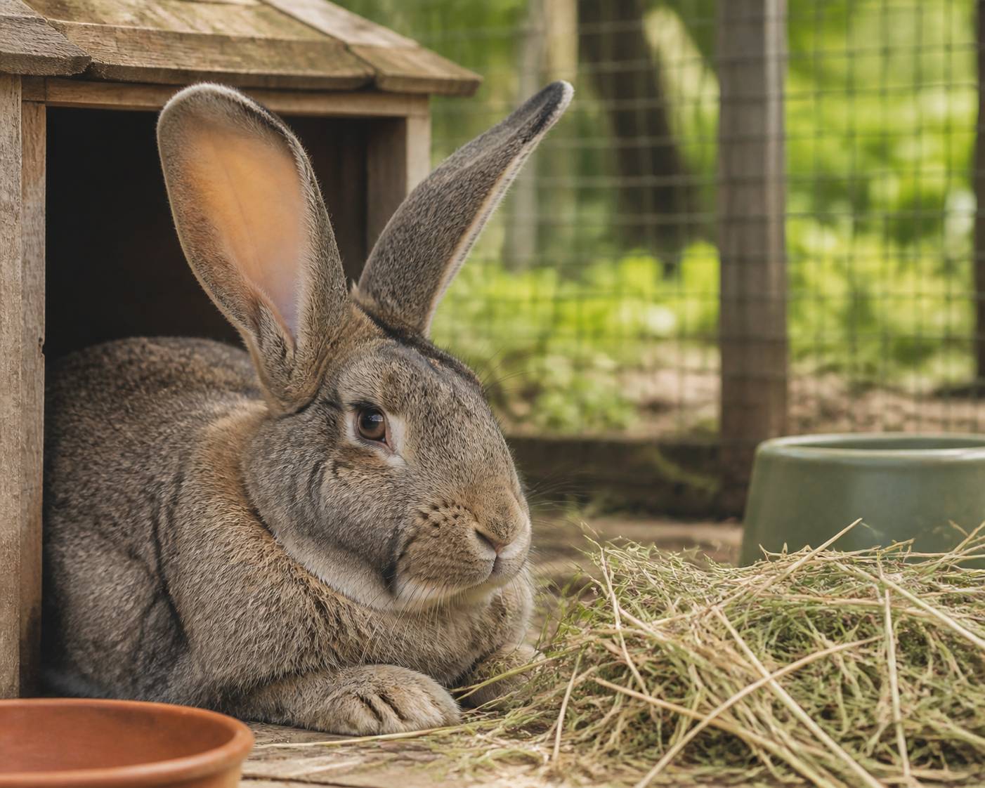 Gros plan du pelage et des oreilles d'un grand lapin gris-brun avec du foin