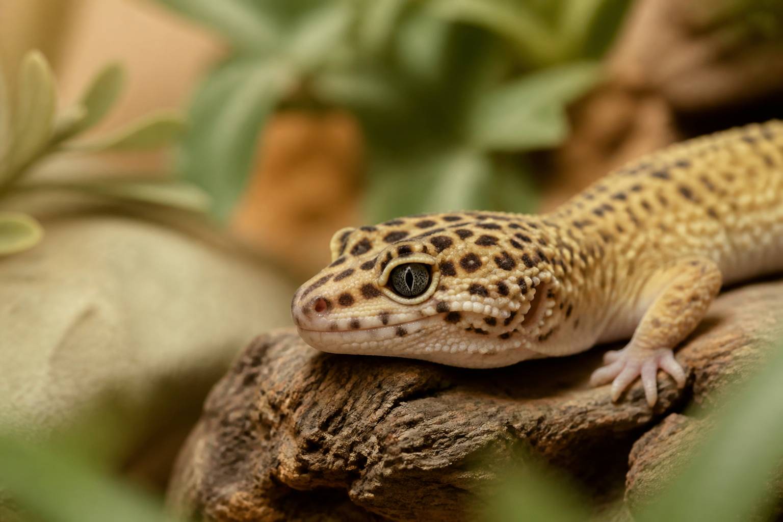 Tête de gecko léopard aux yeux vifs posé sur une écorce