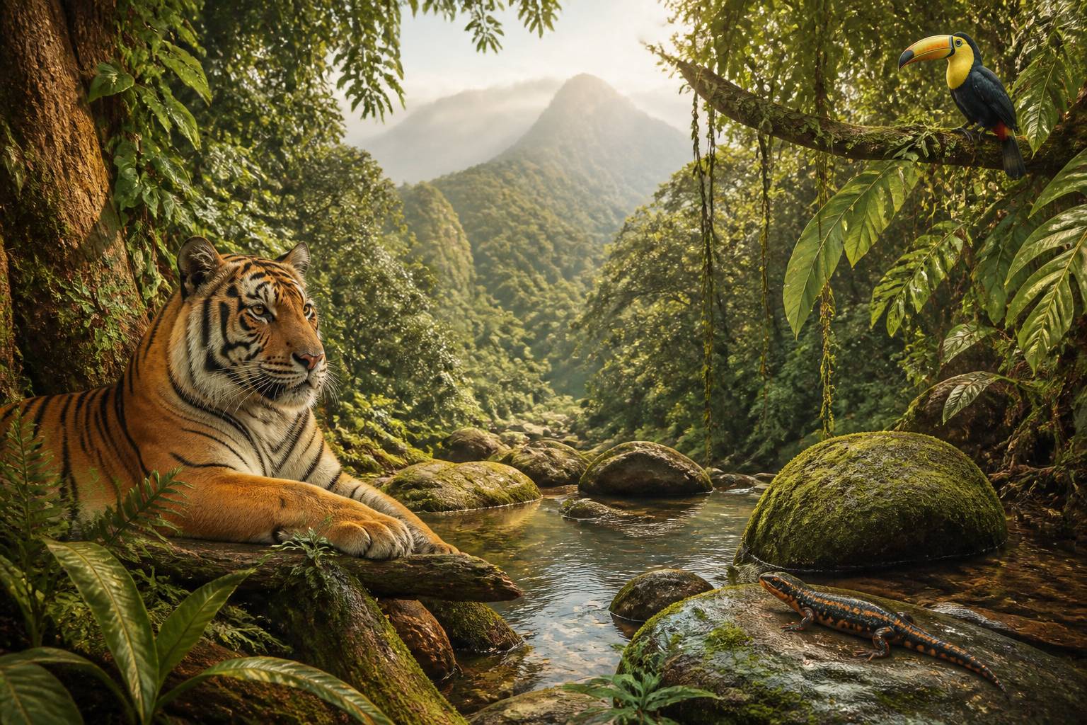 Tigre, toucan et triton réunis dans un décor de forêt tropicale