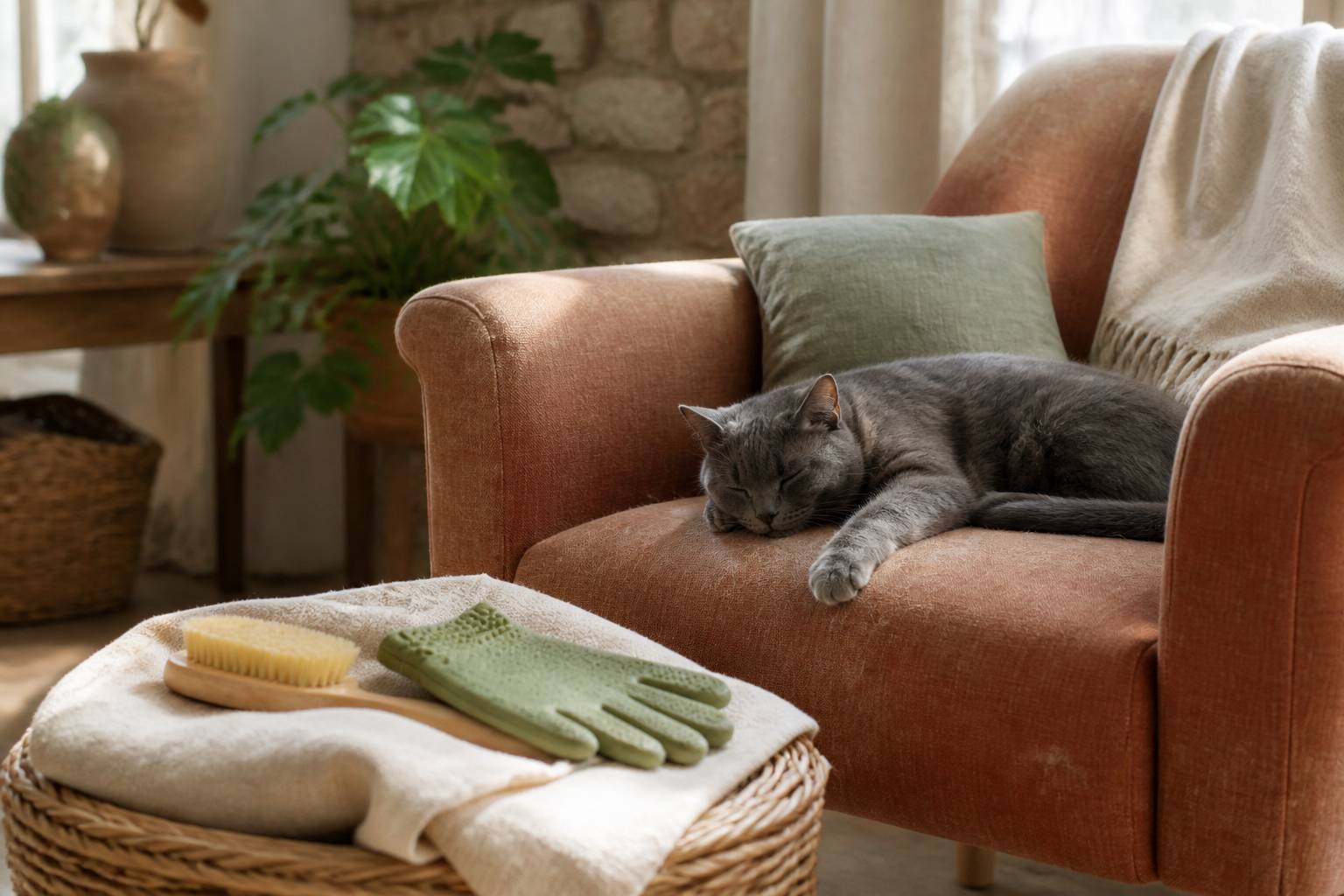 Brosse et gant de toilettage posés sur un panier en osier près d'un chat au repos
