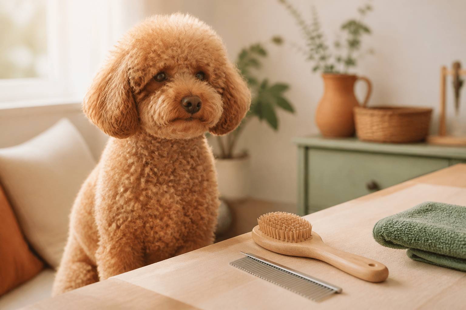 Caniche au poil bouclé en séance de toilettage avec brosse et peigne