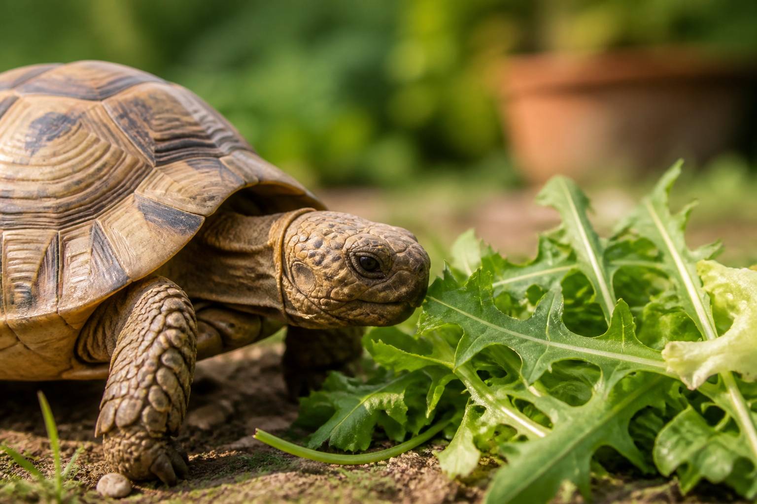 Tortue terrestre s'approchant de feuilles de salade